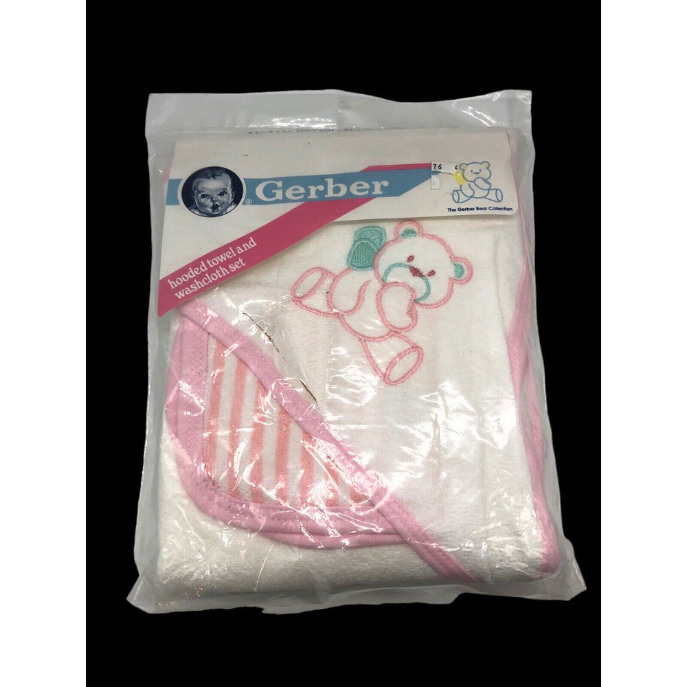 Vtg Gerber Hooded Bath Towel & Washcloth Set Girl Pink White Bear 90s 1991 NEW